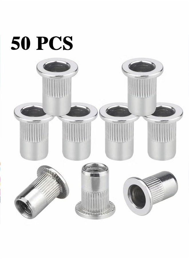 Realfrog - M6 Nut, 50 Pcs M6 Stainless Steel Rivet Nut, Flat Head Threaded Insert Nutsert Rivnuts, Fastener Rivet Nut Assortment Kit with Internal Threads (Sliver) - Image 1