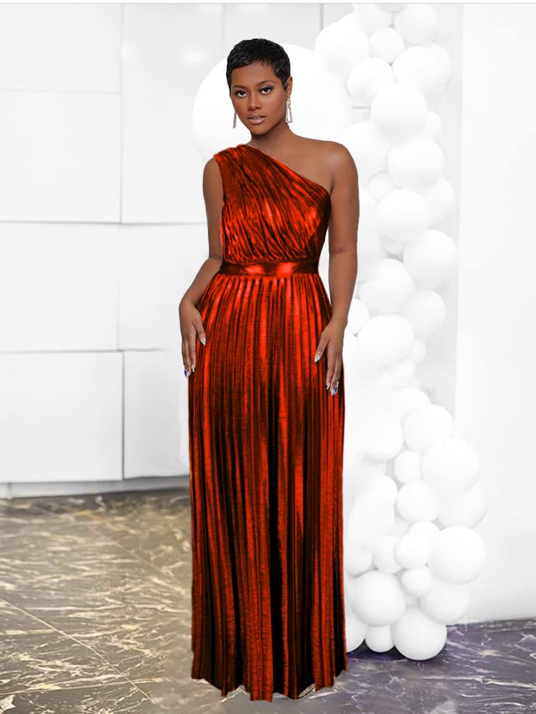AOMEI Women's Wine Luxury Metallic One Shoulder Sleeveless Elegant Pleated Long Dress (M,Medium) - Image 2