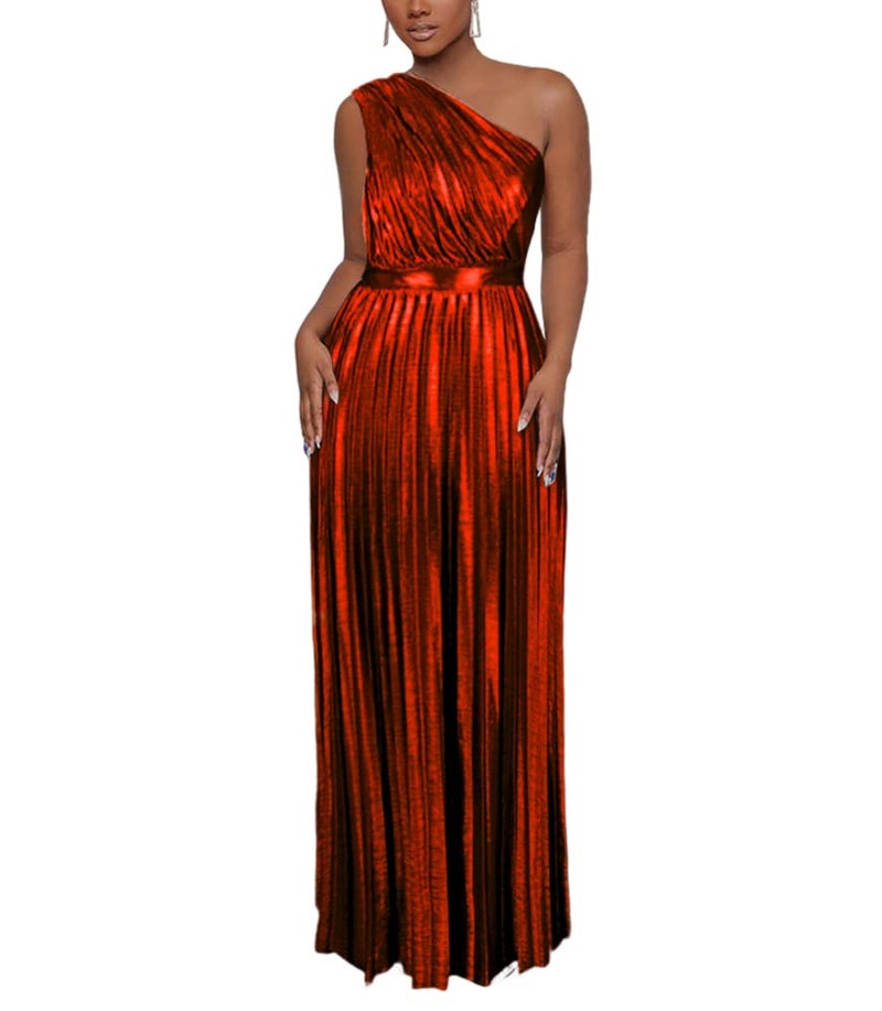 AOMEI Women's Wine Luxury Metallic One Shoulder Sleeveless Elegant Pleated Long Dress (M,Medium) - Image 1