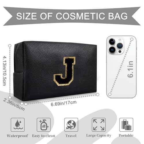 ChaoGreat Personalized Initial A-Z Preppy Patch Makeup Bag,Small PU Chenille Letter Cosmetic Bag with Zipper for Teen Girls,Black Cute Toiletry Organizer Bag,Monogram Makeup Case Gift for Women Girls,Letter J - Image 2