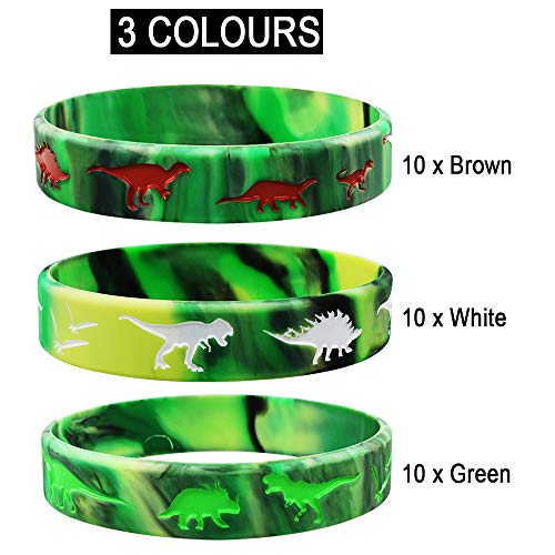Heqishun 30 Pack Dinosaurs Silicone Wristbands Dinosaurs Bracelets Dinosaurs World Jurassic Party Supplies for Dinosaurs Theme Party Birthday Party Favors Gifts Bags Stuffers - 3 Colors - Image 2