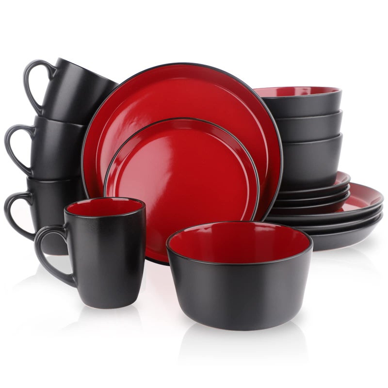 GOOD ALWAYS Plates and Bowls Sets 16 Pieces Dinnerware Sets Dishes Set for 4 Christmas Kitchen Set is Home Essentials Black  Red