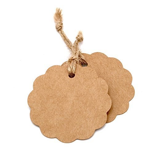 G2PLUS 100PCS Craft Scalloped Paper Gift Tags with Natural Jute Twines, 2.4'' Round Gift Tags Kraft Paper Present Tag for Birthday Party, Wedding Decoration Gifts, Arts & Crafts (Brown) - Image 4
