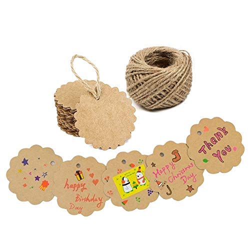 G2PLUS 100PCS Craft Scalloped Paper Gift Tags with Natural Jute Twines, 2.4'' Round Gift Tags Kraft Paper Present Tag for Birthday Party, Wedding Decoration Gifts, Arts & Crafts (Brown) - Image 5