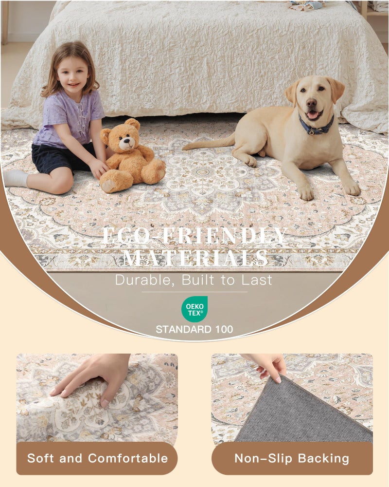 Madane Runner Rug 2x8, Washable Hallway Runner Rugs, Non-Slip Low-Pile Soft Kitchen Rug Runner Laundry Room Rug, Vintage Throw Entry Foyer Mat for Entrance Living Room (Pink/Gray, 2 x 8) - Image 5