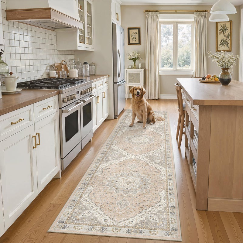 Madane Runner Rug 2x8, Washable Hallway Runner Rugs, Non-Slip Low-Pile Soft Kitchen Rug Runner Laundry Room Rug, Vintage Throw Entry Foyer Mat for Entrance Living Room (Pink/Gray, 2 x 8) - Image 1