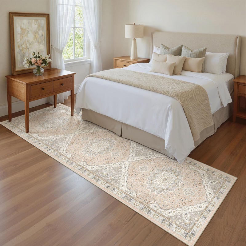 Madane Runner Rug 2x8, Washable Hallway Runner Rugs, Non-Slip Low-Pile Soft Kitchen Rug Runner Laundry Room Rug, Vintage Throw Entry Foyer Mat for Entrance Living Room (Pink/Gray, 2 x 8) - Image 4