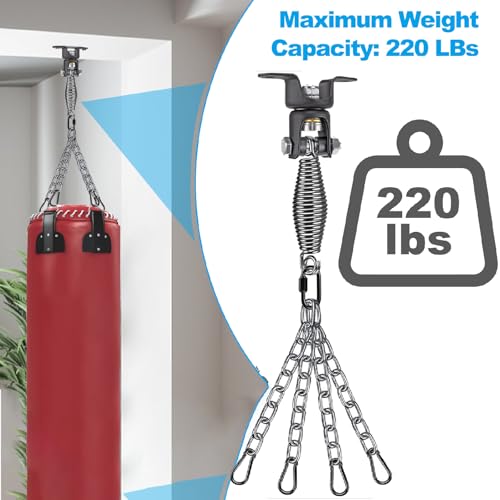 BeneLabel Heavy Duty Boxing Punching Bag Hanger Chain with Spring, 220 LB Capacity, 360° Rotation Wood Beam Holder with 4 Chains and 4 Carabiners, 2 Hexagon Wood Screws and 2 Expansion Screws. - Image 4