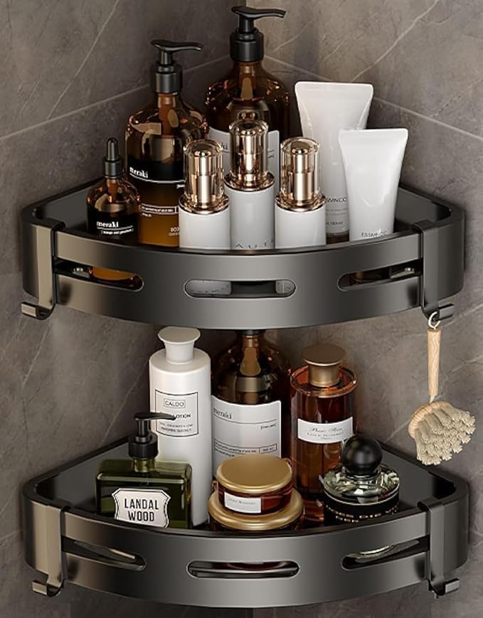 Cazlee Bathroom Organiser, Aluminium Self Adhesive Bathroom Shelf for Wall Corner, Washroom Organizer, Bathroom Rack Stand Without Drilling (Pack of 2) - Image 1