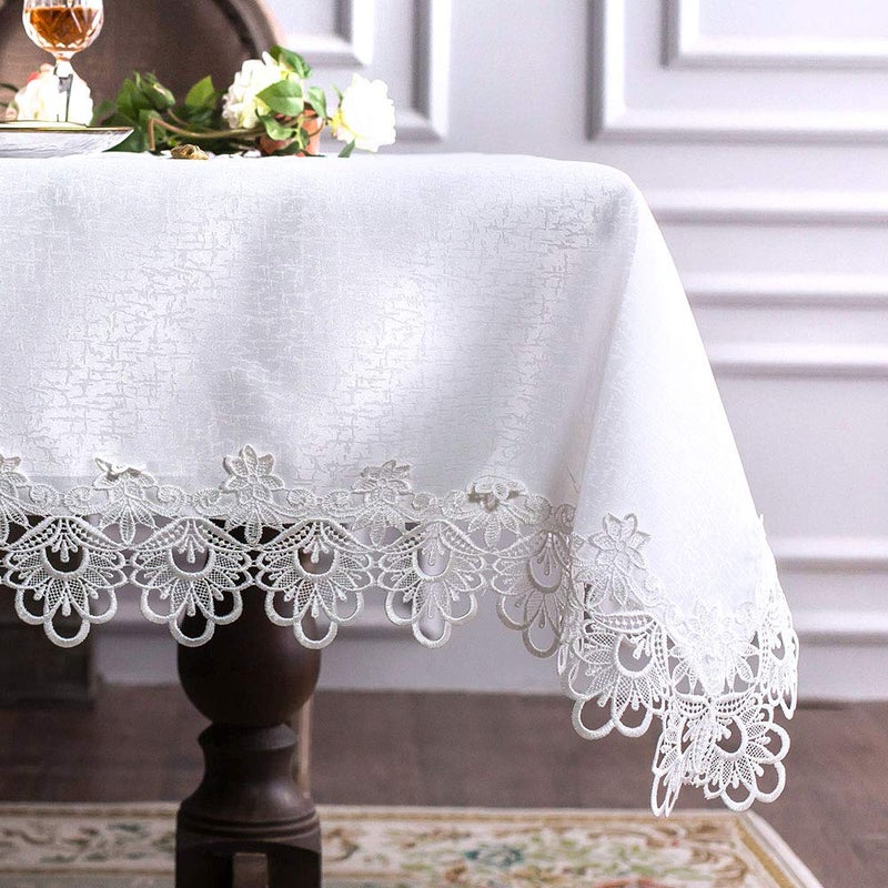 ARTABLE Rectangular Lace Fabric Tablecloth with Macrame Border Clear Embroidered Kitchen Tablecloths for Elegant Holiday Long Dinner Tables (White, Tablecloth 60" x 84") - Image 1