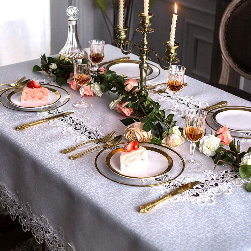 ARTABLE Rectangular Lace Fabric Tablecloth with Macrame Border Clear Embroidered Kitchen Tablecloths for Elegant Holiday Long Dinner Tables (White, Tablecloth 60" x 84") - Image 3