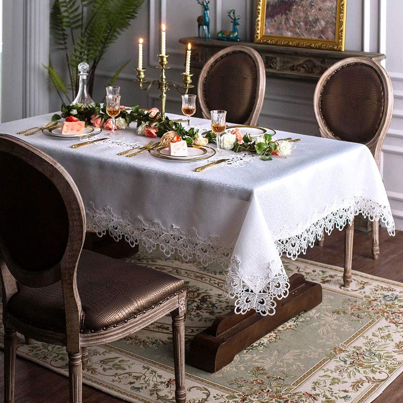 ARTABLE Rectangular Lace Fabric Tablecloth with Macrame Border Clear Embroidered Kitchen Tablecloths for Elegant Holiday Long Dinner Tables (White, Tablecloth 60" x 84") - Image 2