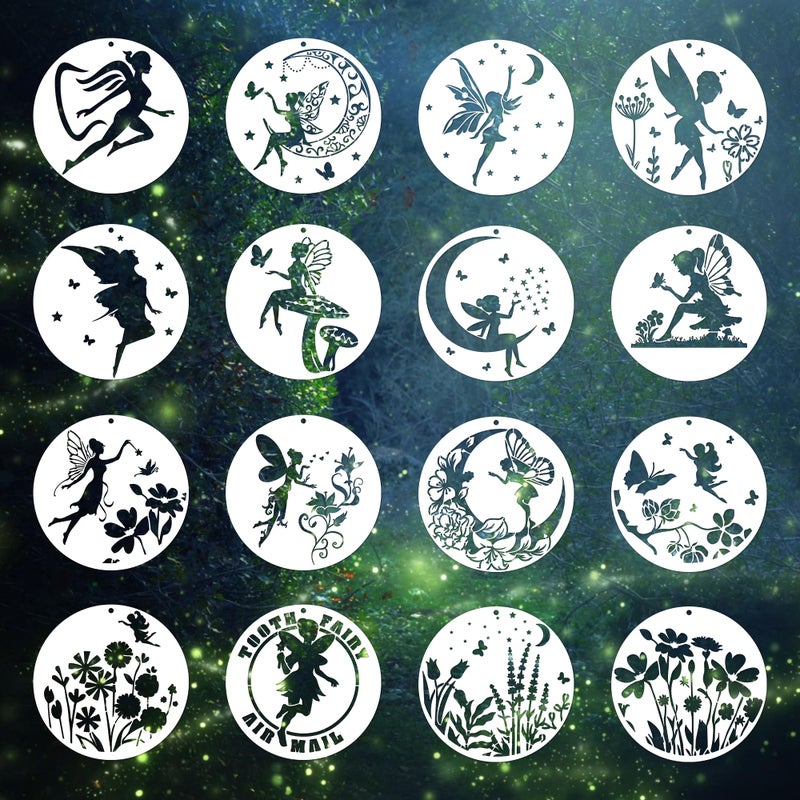 Keluna Fairy Stencils for Painting - 16 Pcs Template for Scrapbook Decor, Flower Moon Stencils for Painting on Wood Glass Canvas Decor, Tooth Fairy Wild Flower - Image 1