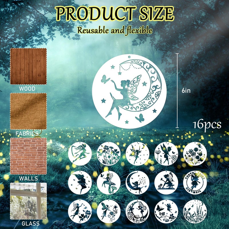Keluna Fairy Stencils for Painting - 16 Pcs Template for Scrapbook Decor, Flower Moon Stencils for Painting on Wood Glass Canvas Decor, Tooth Fairy Wild Flower - Image 3