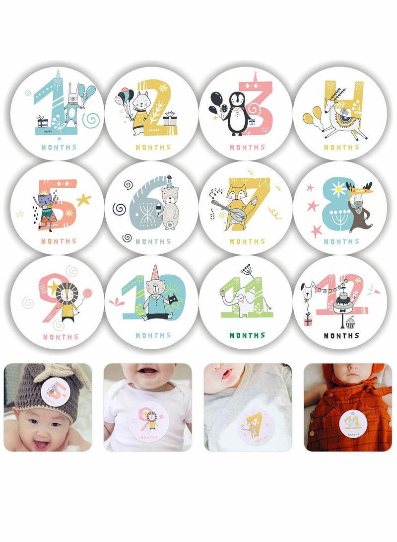 NIBEMINENT Baby Growth Monthly Stickers, Girl and Boy Photo Shoot Props, Stickers for Recording Newborn Process (12 Pack Forest Animal Themes) - Image 1