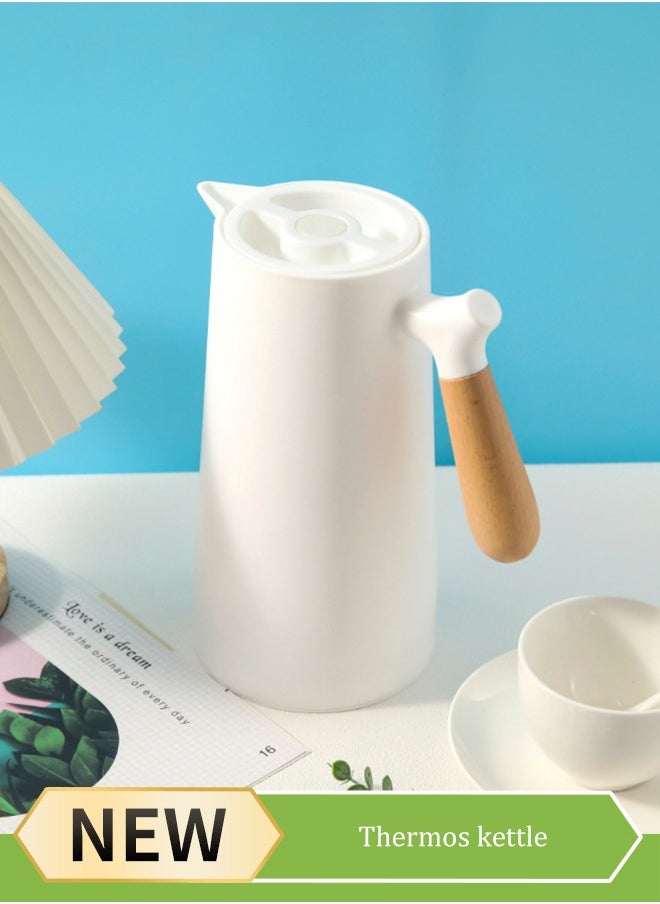 DUNISO Thermos Flask with Wooden Handle 1 Liter Tea And Coffee Vacuum Flask Well Sealed Teapot ThermalFor Keeping Hot Cold Long Hour Heat Cold Retention, Double Walled Glass Vacuum, Ideal for Social Events (white)  - Image 1