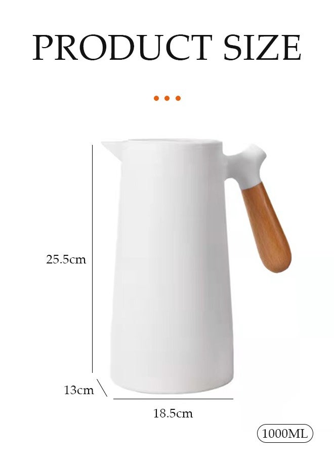 DUNISO Thermos Flask with Wooden Handle 1 Liter Tea And Coffee Vacuum Flask Well Sealed Teapot ThermalFor Keeping Hot Cold Long Hour Heat Cold Retention, Double Walled Glass Vacuum, Ideal for Social Events (white)  - Image 2