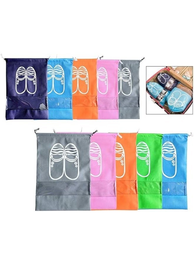 of 10 Travel Shoe Bag with Transparent Window Drawstring Dust-Proof Non-Woven Shoes Storage Bags for Daily and Travel Use Assorted Colors - Image 1
