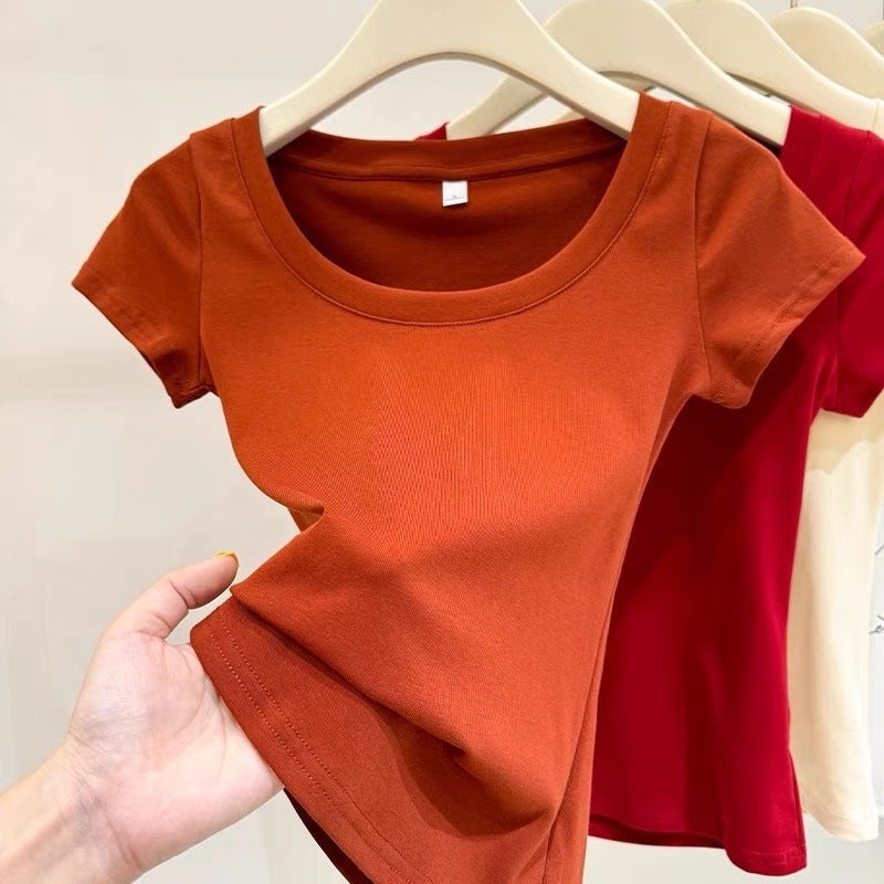 Pure Cotton Short-Sleeved T-Shirt For Women Summer Pure Color Low Round Neck Collarbone Short Top Half-Sleeved Trendy - Image 5