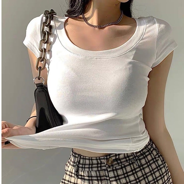 Pure Cotton Short-Sleeved T-Shirt For Women Summer Pure Color Low Round Neck Collarbone Short Top Half-Sleeved Trendy - Image 2