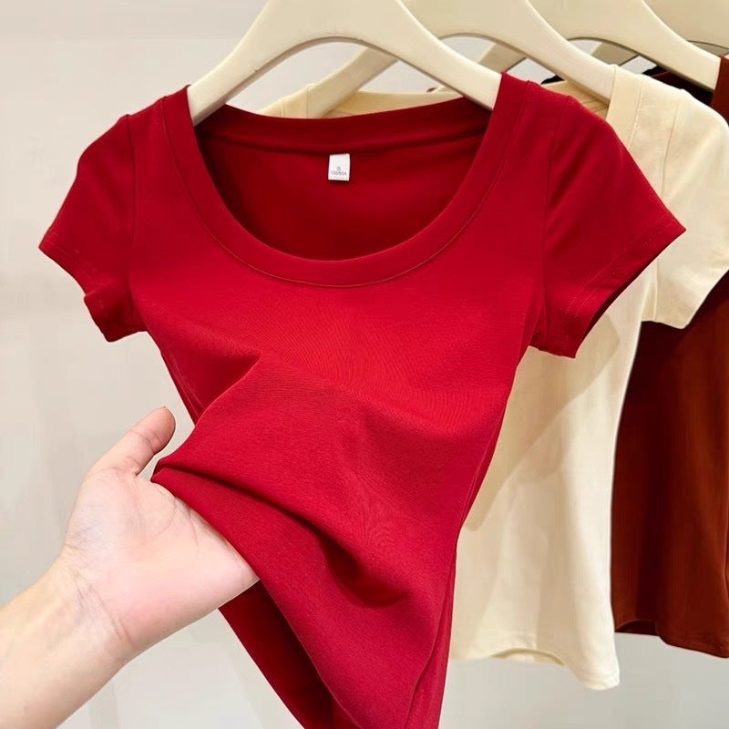Pure Cotton Short-Sleeved T-Shirt For Women Summer Pure Color Low Round Neck Collarbone Short Top Half-Sleeved Trendy - Image 4
