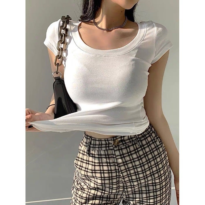 Pure Cotton Short-Sleeved T-Shirt For Women Summer Pure Color Low Round Neck Collarbone Short Top Half-Sleeved Trendy - Image 1