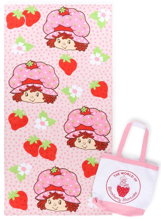 Jay Franco Beach Towel and Tote Bag Set - 16"x 14.5"Canvas Shoulder Handbag with 28"x 58"Super Soft Absorbent Bath Towel, Licensed Product, Pink - Strawberry Shortcake - Image 1