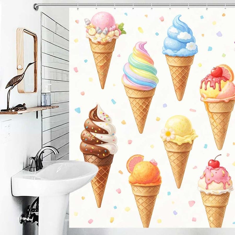 Colorful Ice Cream Cones CollectionShower Curtain for Bathroom Waterproof Tan Shower Curtain with Hooks 71 inch x 71 inch - Image 4