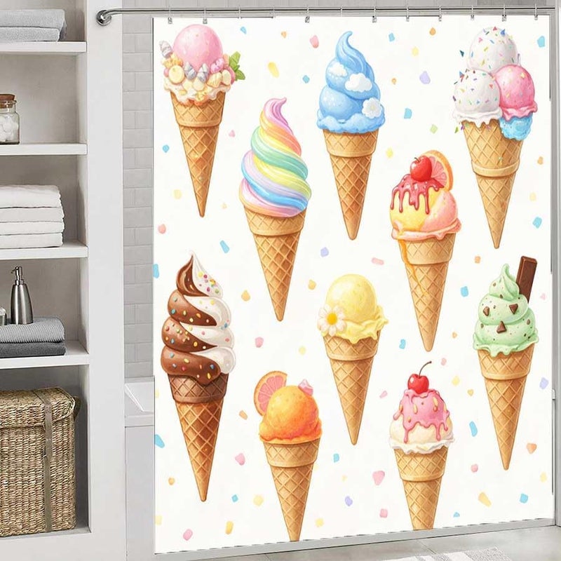 Colorful Ice Cream Cones CollectionShower Curtain for Bathroom Waterproof Tan Shower Curtain with Hooks 71 inch x 71 inch - Image 2