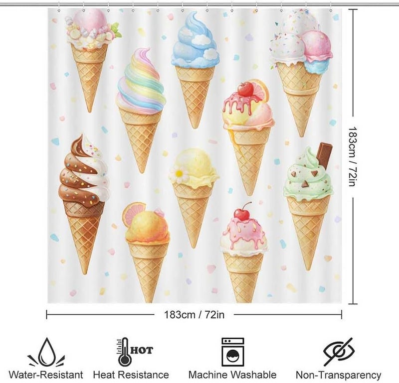 Colorful Ice Cream Cones CollectionShower Curtain for Bathroom Waterproof Tan Shower Curtain with Hooks 71 inch x 71 inch - Image 3