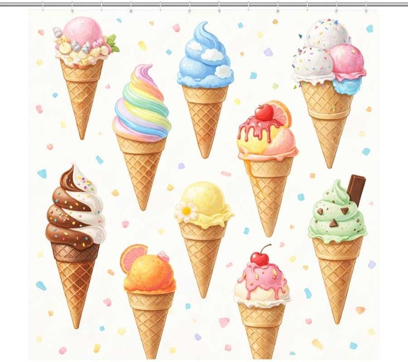 Colorful Ice Cream Cones CollectionShower Curtain for Bathroom Waterproof Tan Shower Curtain with Hooks 71 inch x 71 inch - Image 1