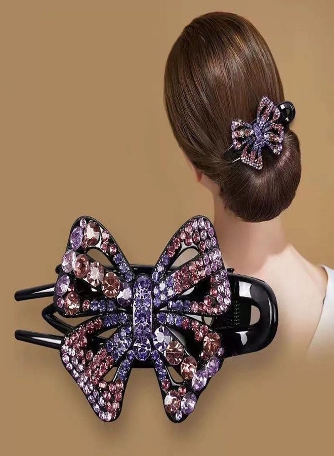 nanaxagly Violet Bow Rhinestone Hair Clip - 9.5cm Sparkling Alligator Clip with Purple/Champagne/Blue Crystals, Non-Slip Teeth, Gift Hairpin for Parties/Wedding - Image 2