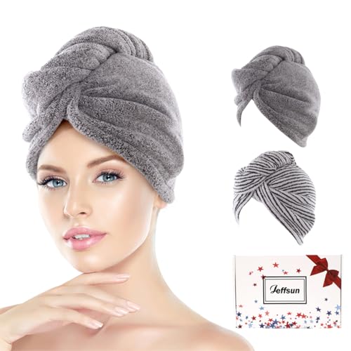 JEFFSUN Microfiber Hair Towel Wrap for Women Girls, 2 Pack Super Absorbent Quick Dry Towel for Curly Long Thick Wet Hair with Button Closure, Easy to Use Hair Care Routine Must Have - Image 1
