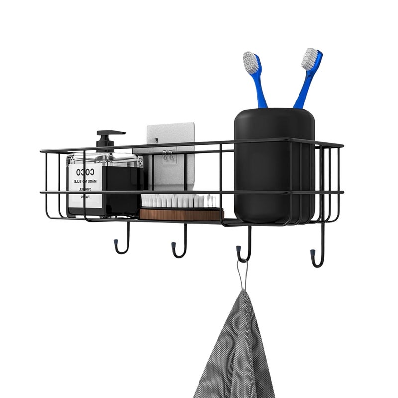 RAYMOX Stainless Steel Bathroom Shelf for Wall Self Adhesive Bathroom Organiser 4 Hooks for Towel Holder SpaceSaving Wall Mounted Bathroom Shelf with Elegant Design Pack of 1 Black - Image 1