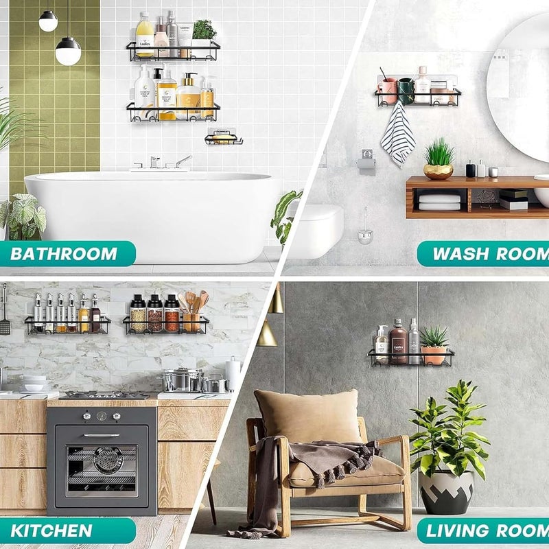 RAYMOX Stainless Steel Bathroom Shelf for Wall Self Adhesive Bathroom Organiser 4 Hooks for Towel Holder SpaceSaving Wall Mounted Bathroom Shelf with Elegant Design Pack of 1 Black - Image 5
