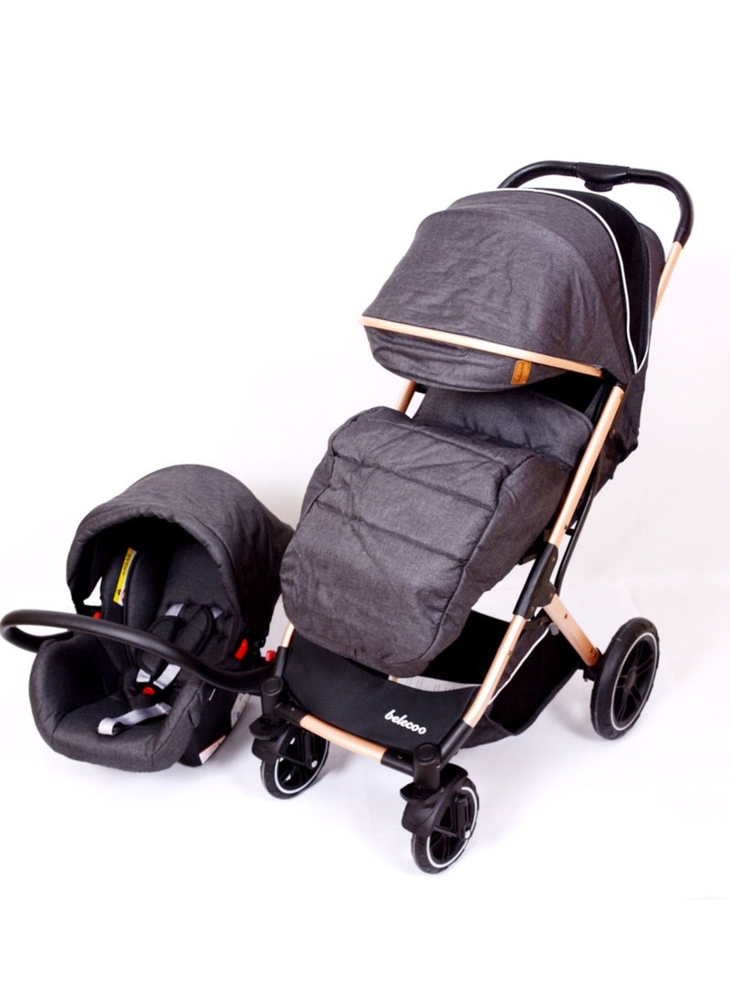 belecoo Beleco High Quality Stroller x7 Wheel Coach Big Hand Trolley (Boarding) Black Gold Frame  - Image 1