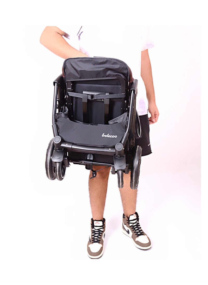 belecoo Beleco High Quality Stroller x7 Wheel Coach Big Hand Trolley (Boarding) Black Gold Frame  - Image 5