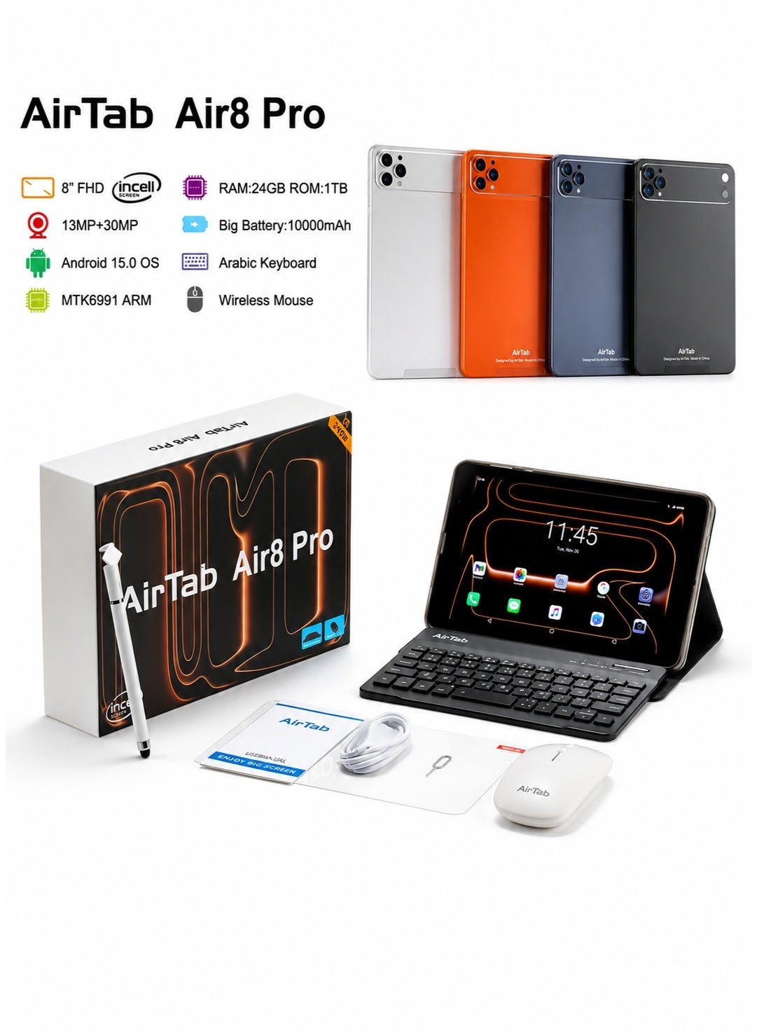 Air8 Pro 8-Inch FHD Incell Android 15 Tablet PC, 24GB RAM, 1TB ROM, 10000mAh Battery, MTK6991 Octa-Core Processor, 13MP + 30MP Dual Camera, Dual WiFi, Bluetooth, Keyboard, Mouse & Stylus, High Performance Tablet Silver