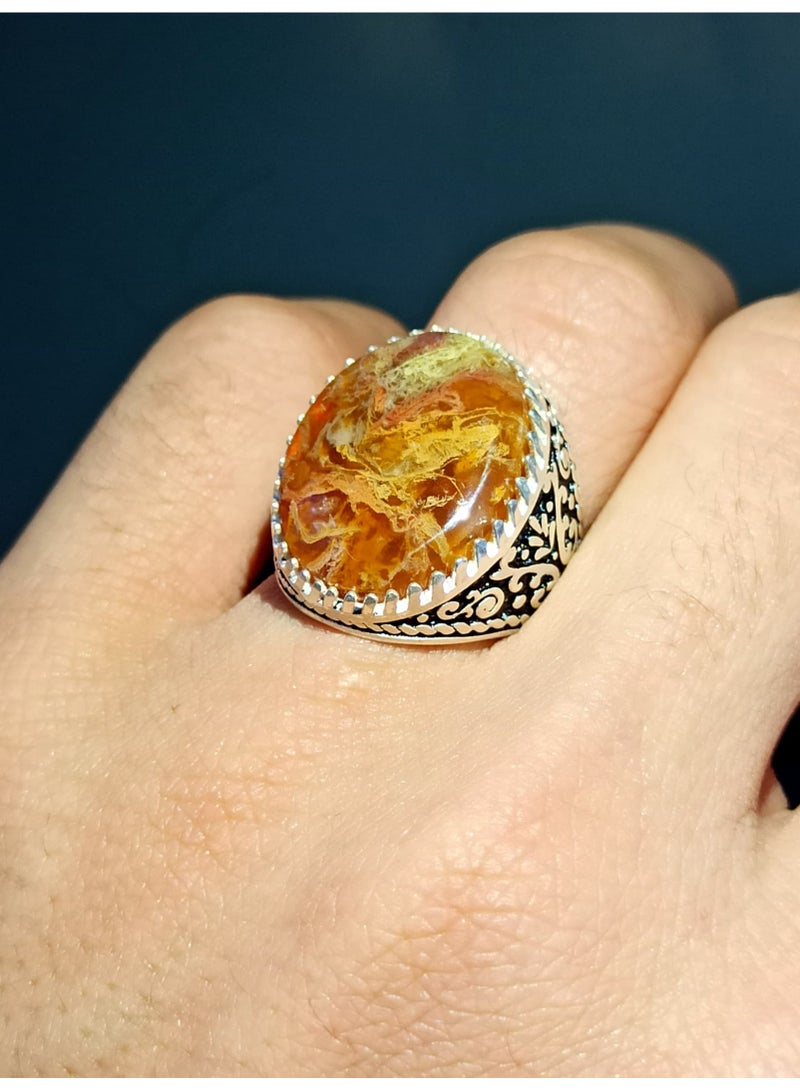 كريتر  خاتم رجالي عقيق يماني طبيعي طحلبي مع حلقة من الفضة عيار 925 - Image 2