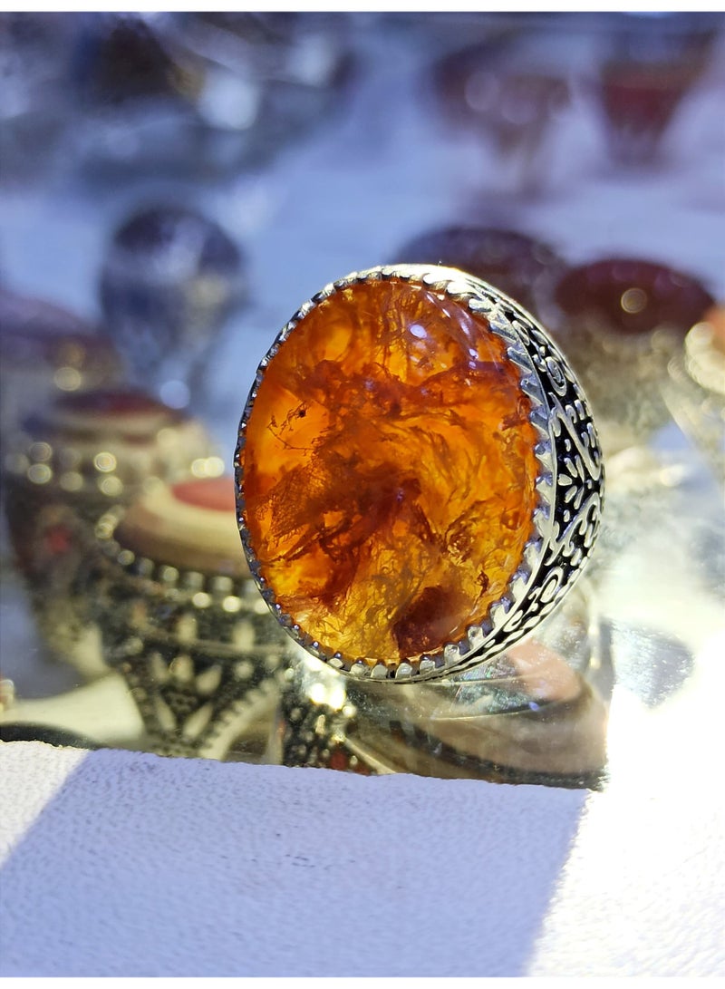 كريتر  خاتم رجالي عقيق يماني طبيعي طحلبي مع حلقة من الفضة عيار 925 - Image 1