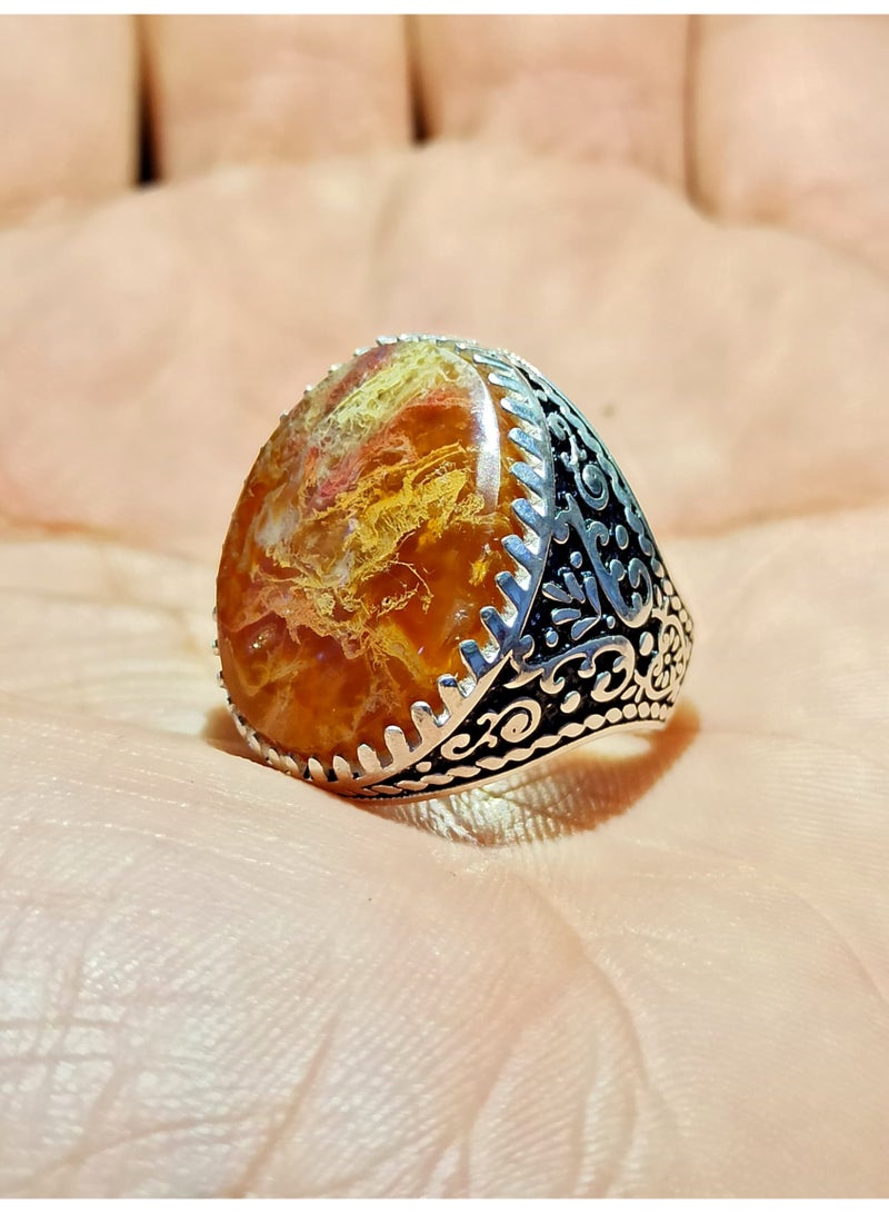 كريتر  خاتم رجالي عقيق يماني طبيعي طحلبي مع حلقة من الفضة عيار 925 - Image 3