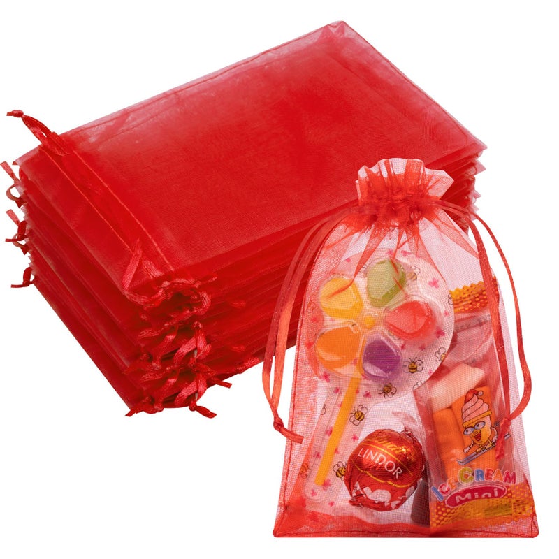 Crweety 50 PCS Organza Bags 4x6, Small Gift Bags for Her Valentine Gifts Favors Goodie, Mini Gift Wrap Bag for Jewelry Makeup Candy Soap, Red Mesh Drawstring Treat Pouch Bag for Wedding Party Favors - Image 1