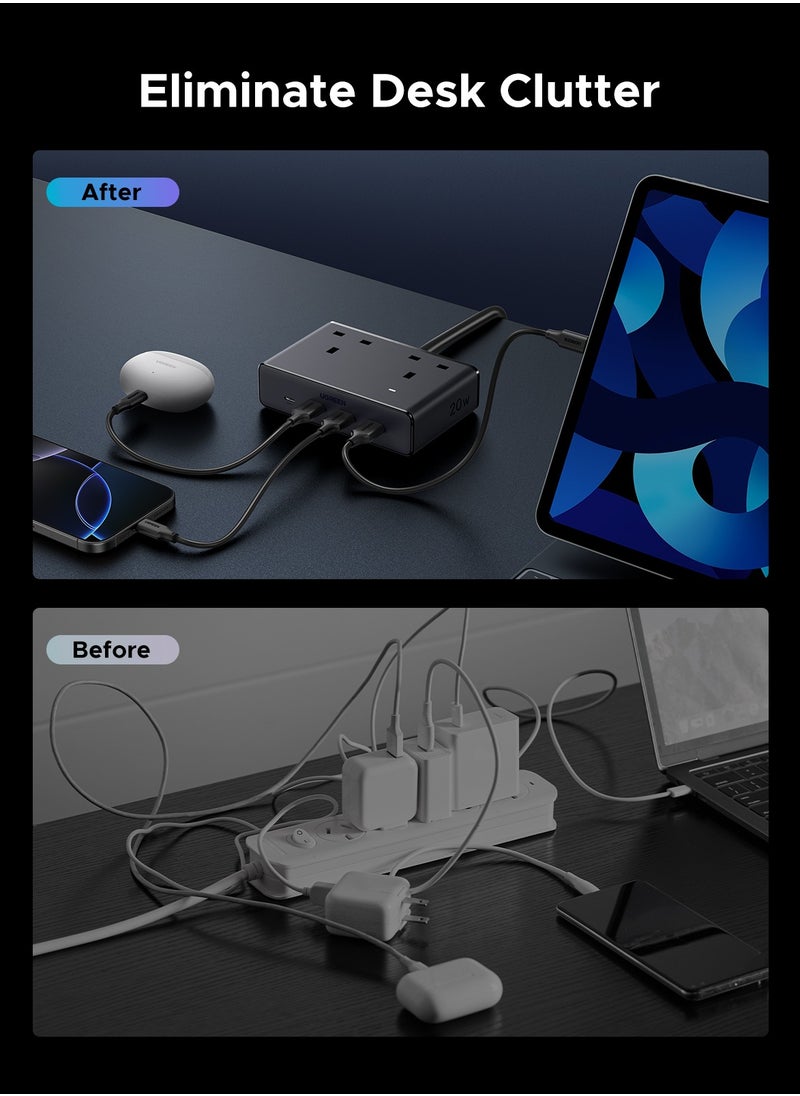 يو جرين - 2990 واط شريط طاقة تمديد منزلي مع 2 منافذ تيار متردد و 3A1C شاحن USB سريع 20 واط مع كابل تمديد 1.5 متر محطة شحن موفرة للمساحة مناسبة لغرفة المعيشة وغرفة النوم والمطبخ والخارج - Image 1