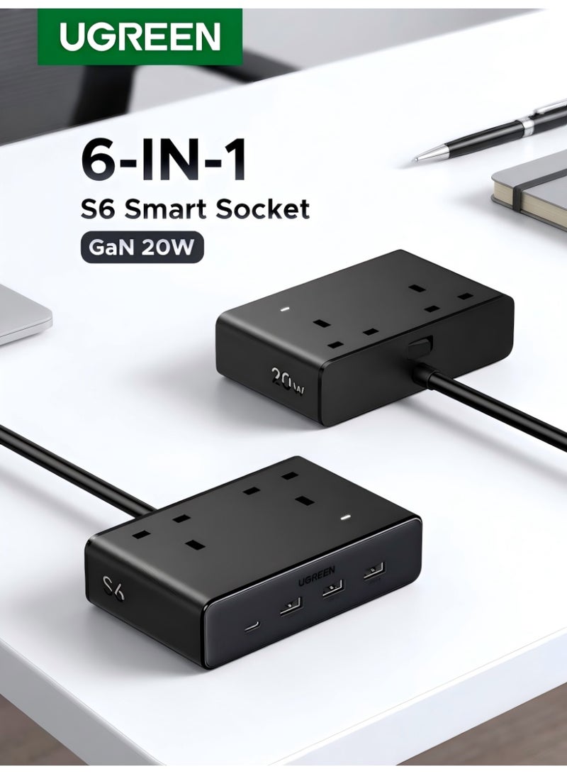 Ugreen 6 in 1 Extension Board Home Fast Power Strip USB (3A1C) Charger 20W With 1.5M Extension Cable Charging Station Space Saving Suitable for Living Room Bed Room Kitchen Outdoor - Image 1