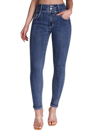 roswear Women's Stretchy Skinny Jeans High Waist Tummy Control Jeggings Slim Fit Denim Pants Dark Blue - Image 1