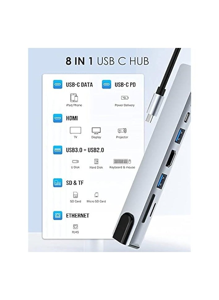 8 in 1 USB C Docking Station, USB C Hub Multiport Adapter with 4K HDMI, 100W Power Delivery, USB-C, Ethernet, 2 USB, SD/TF Card Reader Compatible with MacBook Pro XPS and More Type C Devices