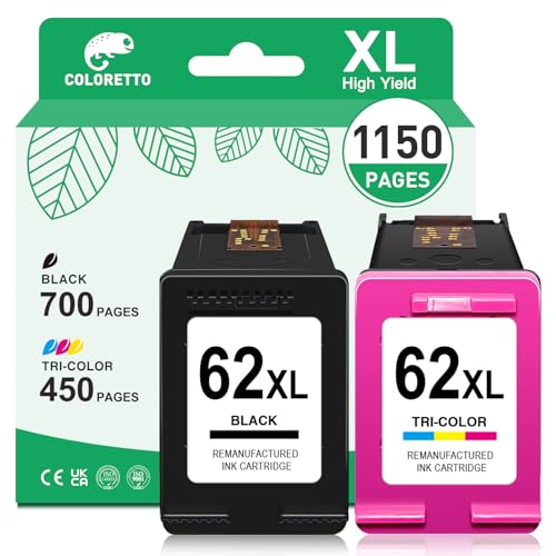 COLORETTO 62XL Ink Cartridges Black and Color Replacement for HP Ink 62, 62 XL for HP 62 Ink Cartridge Combo Pack HP62 Work with Envy 7640 5660 5540 7645 5740 5746 OfficeJet 250 200 Printer (2 Pack) - Image 1