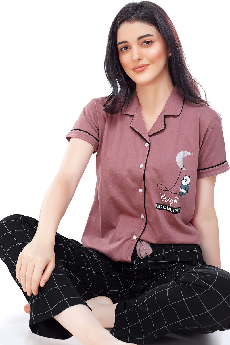 ZEYO Women's Cotton Checks Printed Brown Night Suit Set Of Pajama Set 5239, X-Large - Image 5