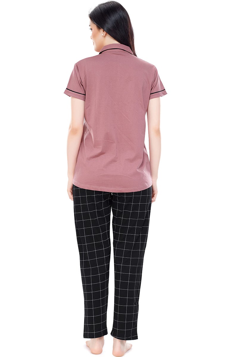 ZEYO Women's Cotton Checks Printed Brown Night Suit Set Of Pajama Set 5239, X-Large - Image 3