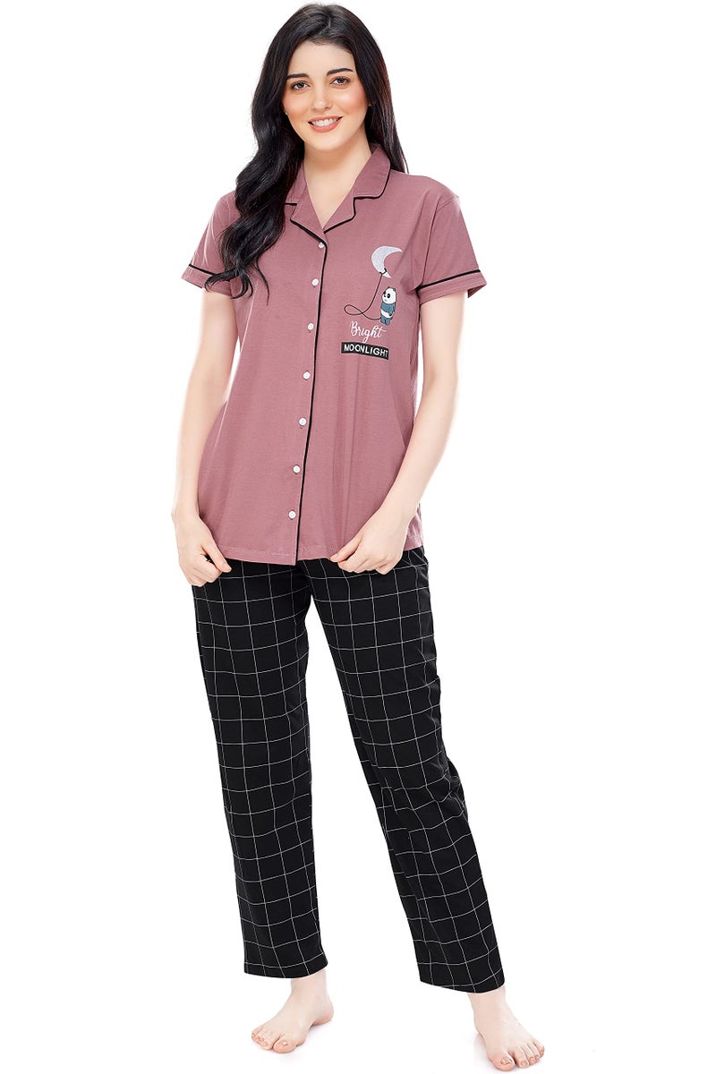 ZEYO Women's Cotton Checks Printed Brown Night Suit Set Of Pajama Set 5239, X-Large - Image 1